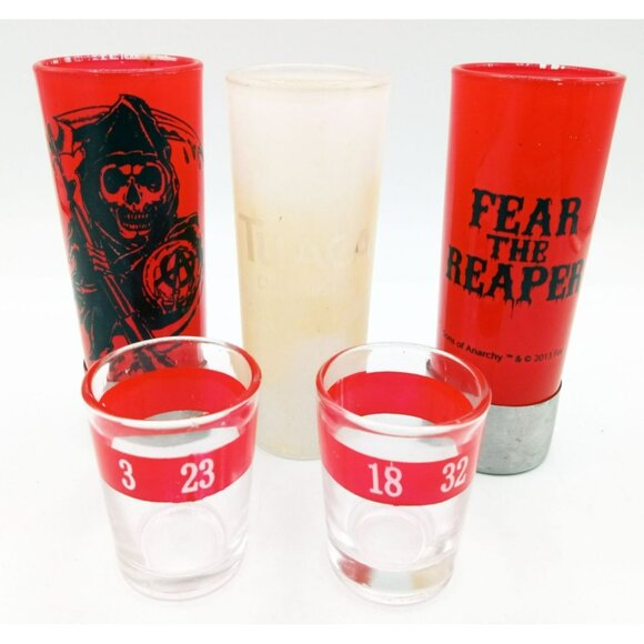 Lot of 5 Shot Glasses Sons of Anarchy Fear the Reaper Numbered Tuaca Barware - Picture 1 of 13